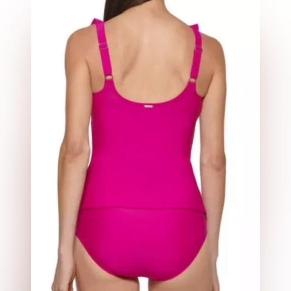 DKNY Ladies Swimsuit Ruffle Tankini Pink 2 Piece Set Size Large - Picture 2 of 11